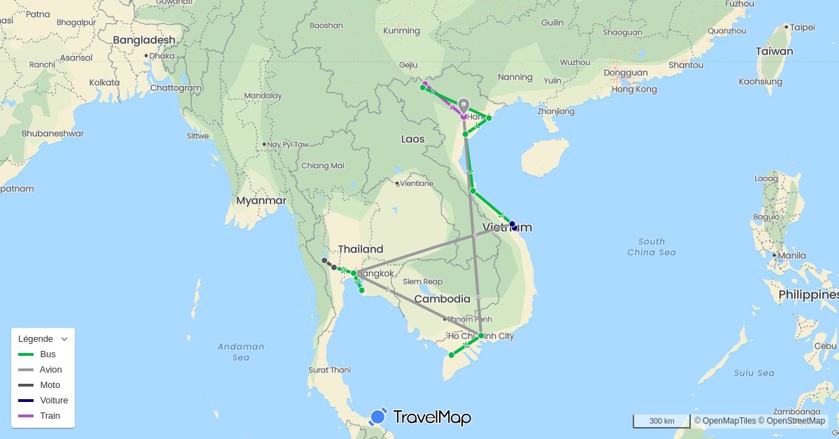 TravelMap itinerary: driving, bus, plane, train, motorbike in Thailand, Vietnam (Asia)